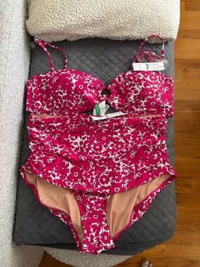 NWT J. Crew Pink Floral Swimsuit with high waisted bottoms
